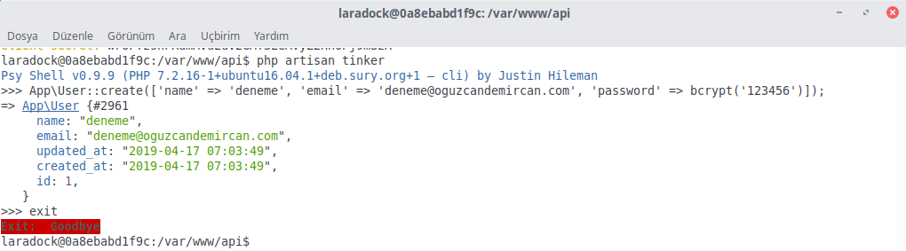 Laravel Tinker kullanıcı ekleme örneği görütünsü